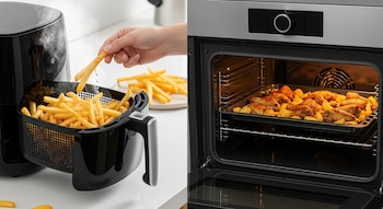 La mitad izquierda muestra una freidora de aire negra con patatas fritas, una mano saca una; la mitad derecha un horno abierto con alitas de pollo y patatas asadas.
