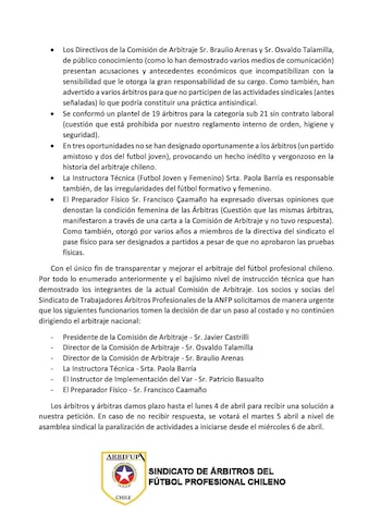 Comunicado del sindicato de árbitros pidiendo la salida del presidente de la Comisión de Arbitraje de la ANFP l Foto: Twitter.