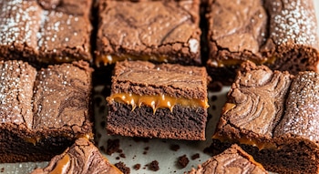 Vista cercana de múltiples brownies de chocolate oscuro cortados en cuadrados, con una capa intermedia de dulce de leche dorado y espolvoreados con azúcar glas.