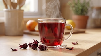 Taza transparente con té rojo humeante sobre una mesa de madera, rodeada por flores secas de jamaica.