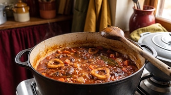 Olla con guiso de osobuco, trozos de carne, huesos con médula, zanahoria, cebolla, hojas de laurel y salsa. Cucharón de madera en el borde de la olla.