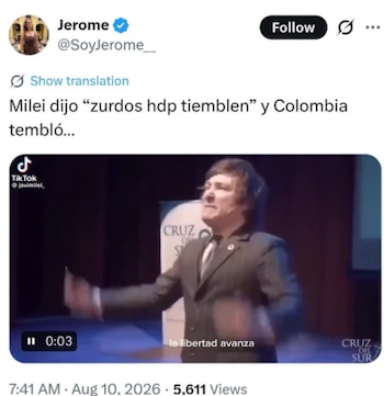 Jerome Sanabria citó video de Javier Milei para referirse al temblor de 7,4 que sacudió a Colombia este 10 de agosto - crédito @SoyJerome__/X