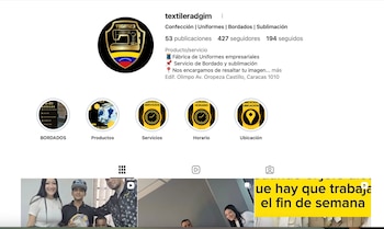 Captura de pantalla de un perfil de Instagram "textileradgcim" con logo de máquina de coser y bandera de Venezuela, su descripción y publicaciones