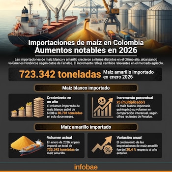 Fenalce indicó que el volumen de maíz blanco importado pasó de 6.008 toneladas a 30.701 toneladas en apenas un año - crédito Infobae Colombia