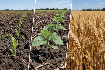 Cultivo de maíz y girasol recién sembrado y trigo listo para ser cosechado