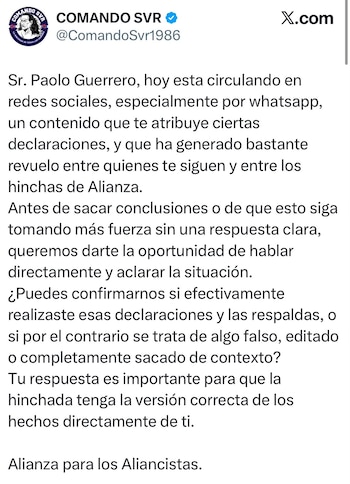 El comunicado de Comando Sur donde pide que Paolo Guerrero aclare polémicos chats.