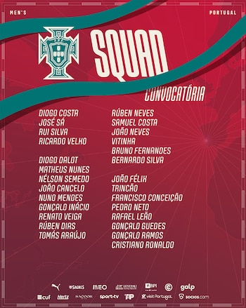 Póster rojo oscuro con el escudo de la Federación Portuguesa de Fútbol y el título "SQUAD", seguido de una lista de 26 nombres de jugadores en blanco
