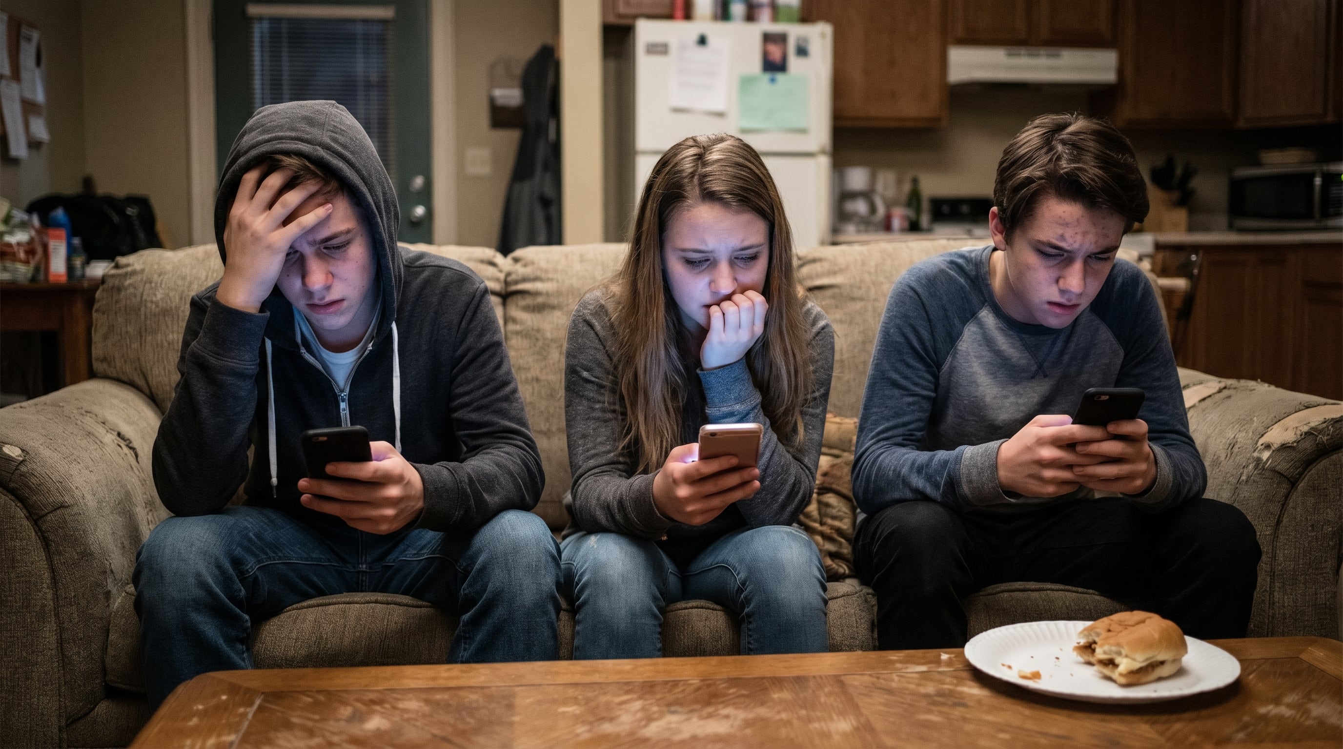 Tres adolescentes miran sus celulares con preocupación, sentados en un sofá, simbolizando la creciente ansiedad digital entre la juventud actual. (Imagen Ilustrativa Infobae)