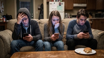 Tres adolescentes sentados en un sofá miran sus teléfonos celulares. La luz de las pantallas ilumina sus rostros concentrados. Un chico se toca la frente. Hay una hamburguesa en la mesa.