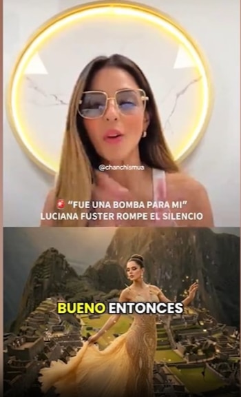 Captura dividida que contiene a una mujer con gafas que habla ante la cámara y, debajo, a la misma mujer con vestido largo frente a Machu Picchu