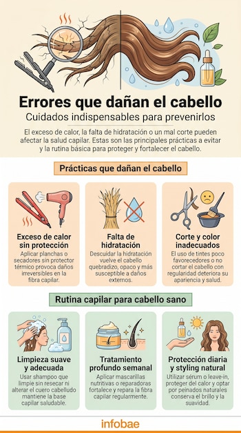 Infografía comparando cabello dañado y sano. Detalla errores como el exceso de calor, falta de hidratación y cortes, además de una rutina de cuidado capilar.