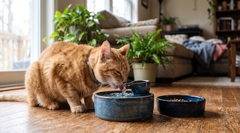 Un gato anaranjado bebe de una fuente de agua azul de cerámica junto a un plato con alimento sobre un suelo de madera.
