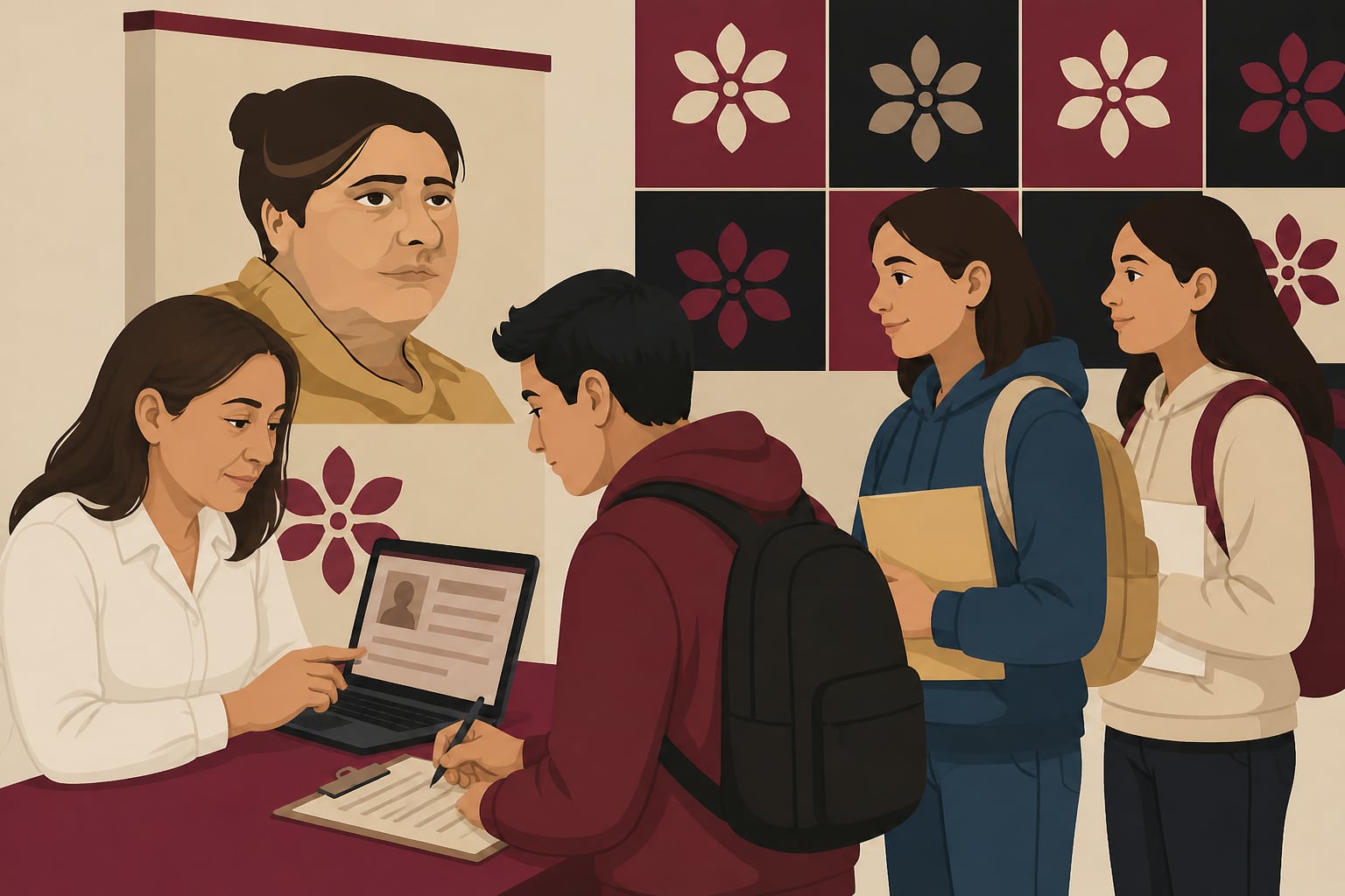 Una secretaria orienta a un estudiante que firma un formulario junto a una computadora portátil, mientras otras jóvenes esperan su turno en una fila. (Imagen Ilustrativa Infobae)