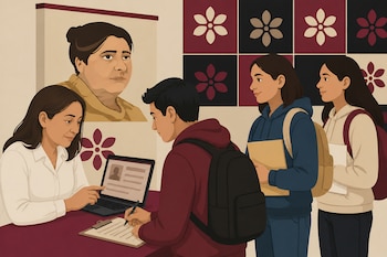 Ilustración de una mujer con camisa blanca frente a una computadora portátil y tres jóvenes con mochilas que esperan en fila ante un escritorio.