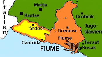 Mapa político de las regiones fronterizas entre Italia y Yugoslavia con las ciudades de Fiume, Kastav, Matija, Grobnik, Srdoci, Drenova, Cantrida, Tersat, Susak.