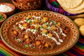 Plato de barro con enfrijoladas bañadas en salsa oscura, cubiertas de chorizo, papas en dados, crema, queso desmoronado y cilantro.