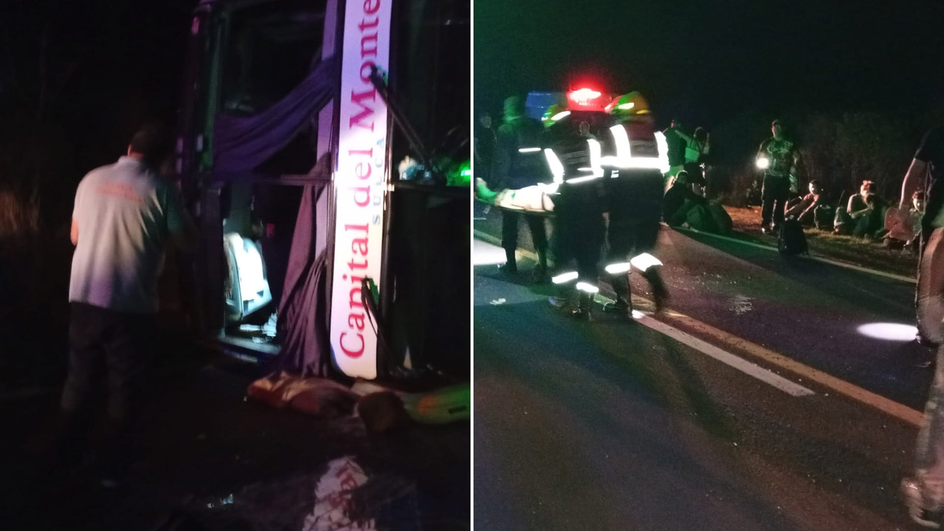 El micro volcado y personal de seguridad, en pleno operativo de rescate (Fotos: Policía de Corrientes)