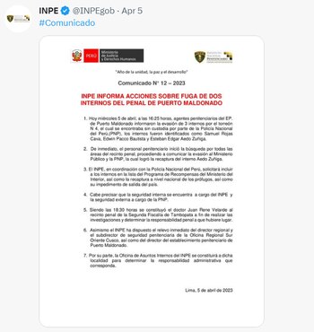 Comunicado del INPE sobre fuga de tres internos.