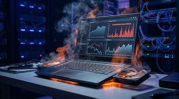 Un portátil sobre una mesa expulsa humo y calor, mostrando gráficos de rendimiento crítico de IA. Dos ventiladores adicionales están cerca, con racks de servidores al fondo.