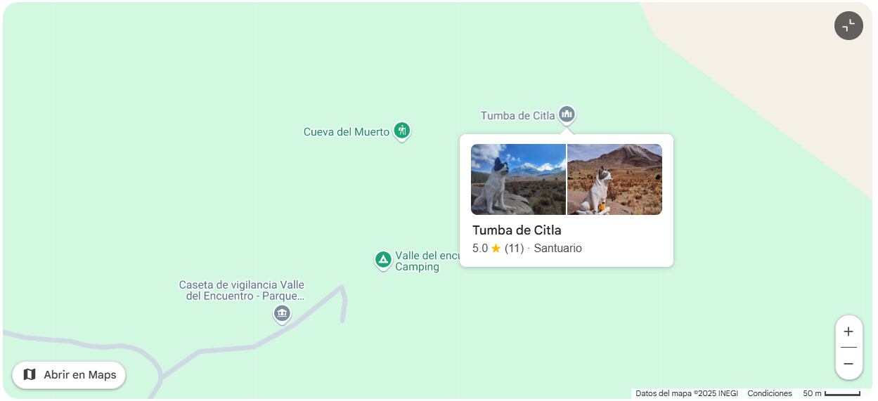 Una vista de Google Maps donde se muestra la ubicación del santuario y tumba de Citla, el perro guardián del Pico de Orizaba. —(Captura de pantalla/Google Maps)
