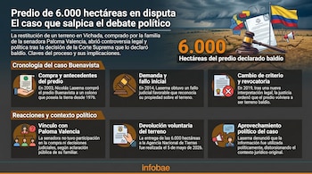 Infografía que muestra la cronología de una disputa legal de tierras de 6.000 hectáreas en Vichada, Colombia, con iconos de justicia, política y el mapa del país.