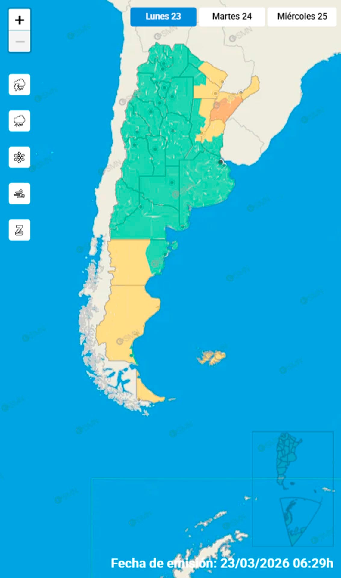 Las alertas meteorológicas para hoy, con tormentas al norte y fuertes vientos y lluvias al sur