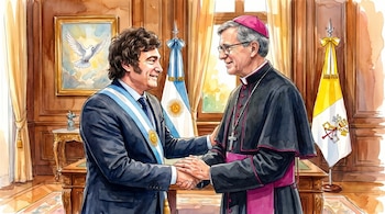 Acuarela de Javier Milei y Jorge García Cuerva dándose la mano en una oficina. Milei viste traje y banda presidencial; García Cuerva, sotana negra y gorro bordeaux.