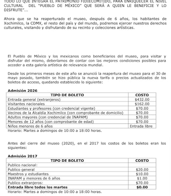 Documento con dos tablas de precios de admisión, una para 2026 y otra para 2017, del Museo Dolores Olmedo con tipos de boleto y costos asociados