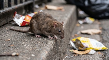 Primer plano de una rata marrón en una acera de concreto junto a basura y envoltorios de comida. El animal mira hacia adelante.