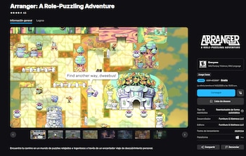 Imagen del videojuego Arranger: A Role-Puzzling Adventure en su página de tienda, con un escenario isométrico de puzles, personajes y un globo de diálogo visible