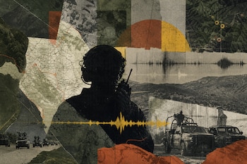 Collage con la silueta de una persona con equipo de radio, mapas, ondas de sonido y vehículos tácticos en un camino rural.