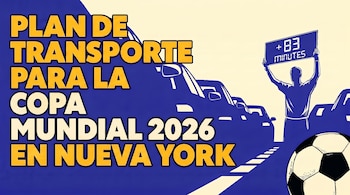 Ilustración: texto 'Plan de transporte para la Copa Mundial 2026 en Nueva York', coches en tráfico, persona con cartel '+83 minutos' y balón de fútbol.