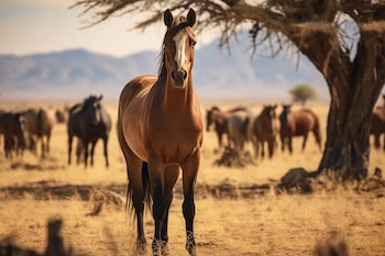 Un caballo marrón en primer plano sobre suelo seco, con otros caballos, un árbol y montañas al fondo
