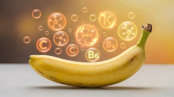 Un plátano amarillo brillante sobre una superficie clara, con burbujas luminosas naranjas y amarillas flotando encima, algunas con las letras C, K, B6 y estructuras moleculares.