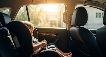 Interior de un automóvil con niño pequeño en silla de seguridad en el asiento trasero. Luz solar intensa entra por las ventanas laterales.