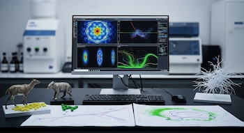 Mesa de laboratorio con monitor, teclado, ratón, dos figuras animales, esferas, puntos, modelo de bacteria, papeles con gráficos, equipos de laboratorio.