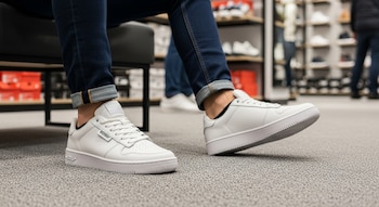 Piernas de un hombre con pantalón vaquero y zapatillas deportivas blancas, sentado en una tienda de calzado con estantes llenos de cajas y zapatos.