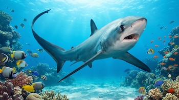Un tiburón de aleta caudal alargada nada en aguas azules junto a un arrecife de coral y varios peces de colores.