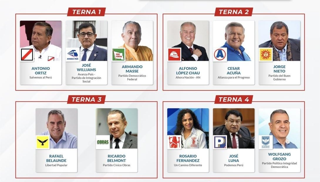 La imagen muestra las cuatro ternas de candidatos presidenciales con sus nombres y partidos políticos, preparados para el debate electoral sobre