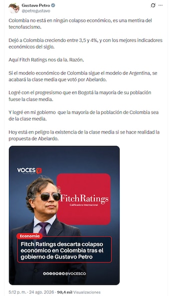Tras conocerse la valoración de Fitch, Gustavo Petro rechazó las críticas contra su administración y afirmó que Colombia no enfrenta un escenario de colapso económico - crédito @petrogustavo/X