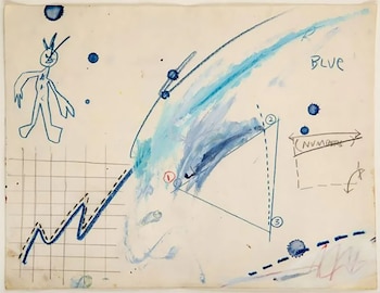 Primer plano de un dibujo abstracto sobre papel claro que incluye una figura estilizada azul, un gráfico de líneas, un triángulo y varias manchas de pintura azul