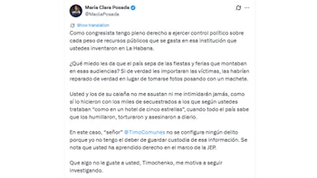La senadora María Clara Posada divulgó audios atribuidos a Rodrigo Londoño, alias “Timochenko”, durante una versión ante la JEP - crédito @MaclaPosada/X