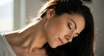 Mujer con cabello oscuro y ojos cerrados, inclinando el cuello. Iluminación trasera. Líneas circulares alrededor del cuello.