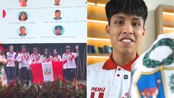 Imagen dividida. A la izquierda, jóvenes con la bandera de Perú en un escenario, pantalla con retratos detrás. A la derecha, joven sonriente con prenda del escudo de Perú