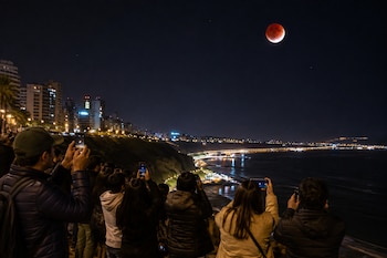 Grupo de personas de espalda que sostiene teléfonos móviles frente a la costa iluminada y una luna roja en el cielo nocturno