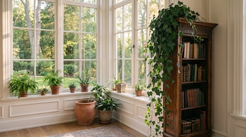 Un salón con grandes ventanales, plantas en macetas sobre el alféizar y el suelo, una estantería de madera con libros y una alfombra decorativa.