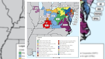 Mapa de Estados Unidos con zonas coloreadas que representan empresas eléctricas. Una leyenda lista 23 compañías eléctricas con sus nombres completos y abreviaturas