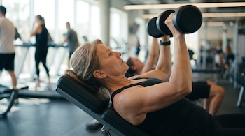 Una mujer sobre un banco inclinado en un gimnasio levanta dos pesas. Al fondo se ven otras personas y máquinas de ejercicio cerca de las ventanas.
