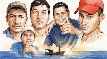 Ilustración estilo acuarela de cinco hombres con gorras y una pequeña barca de madera sobre el mar azul.