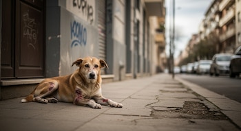 Un perro reposa sobre la vereda luego de haber sido maltratado y abandonado